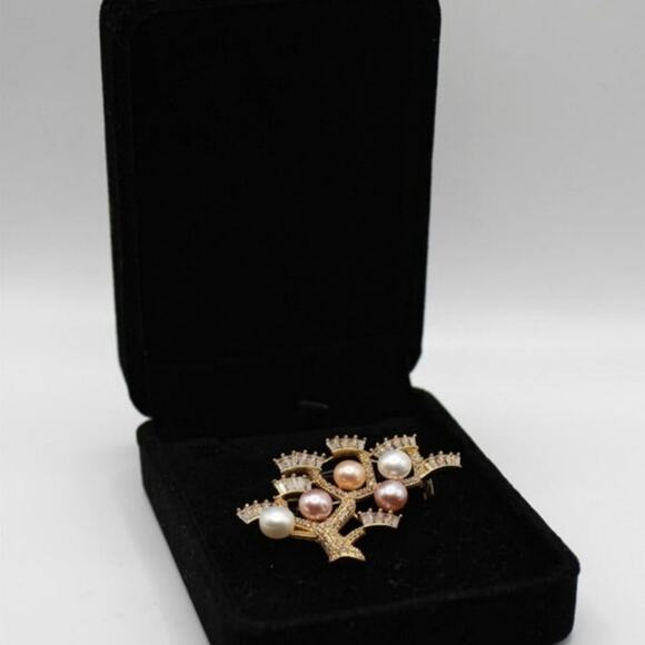 Luxurious Freshwater Pearl Tree Brooch Multi-Bead Cubic Zirconia Gold Plated NWT - Picture 6 of 9